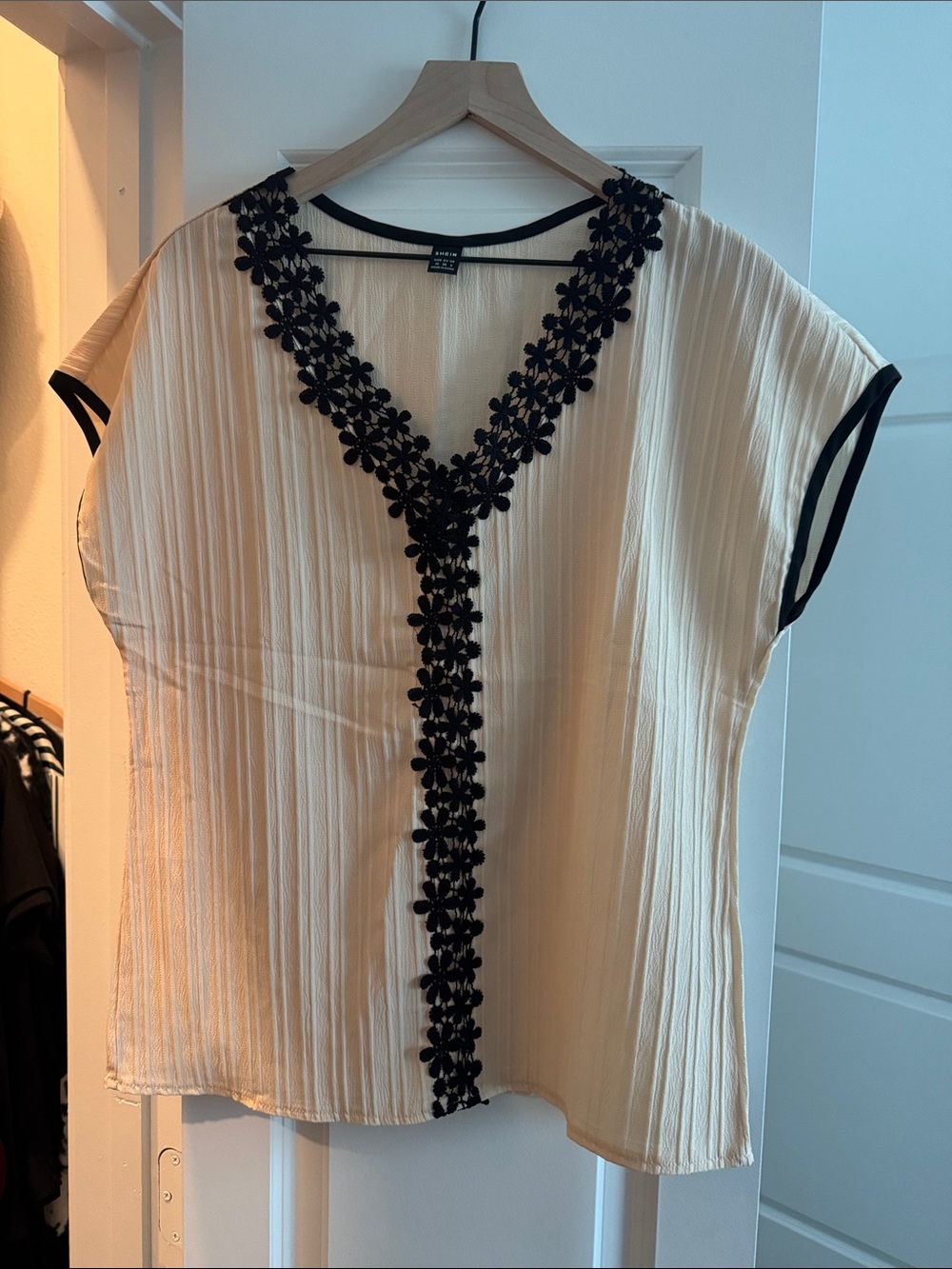 SHEIN Cream Short Sleeve Blouse with Black Floral Trim